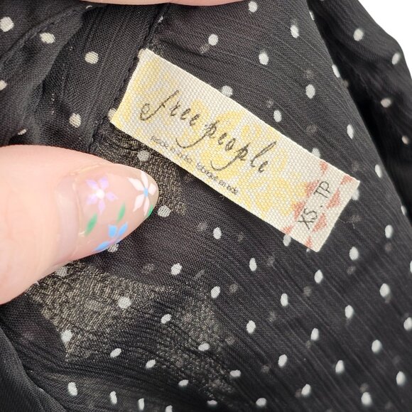 Free People Polka Dot Collared Fringe Long Sleeve Sheer Blouse Sz XS - Picture 9 of 12